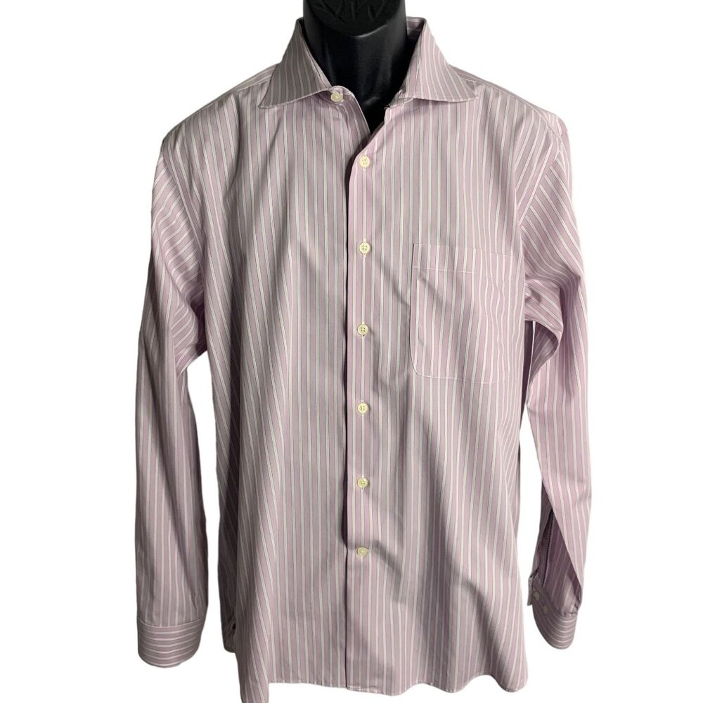Joseph Abboud Button Up Long Sleeve Shirt L Lilac Stripe Chest Pocket Non Iron